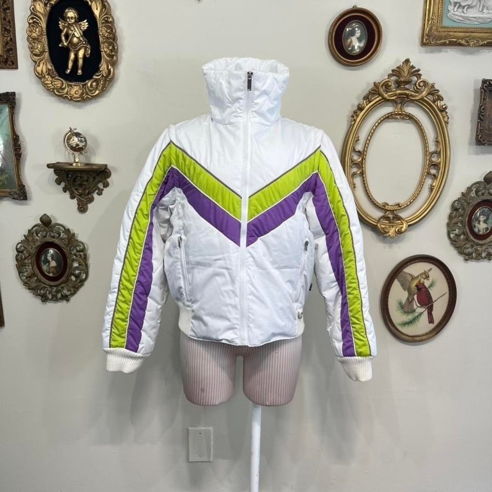 Vintage 80s Ski Style White Colorblock Puffer Jacket –Purple & Neon Green–Size L